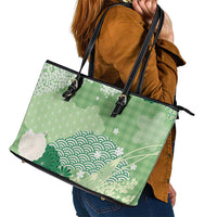 Green Palaka Japanese Patterns Leather Tote Bag Asanoha Seigaiha Sakura Motif LT14 - Polynesian Pride