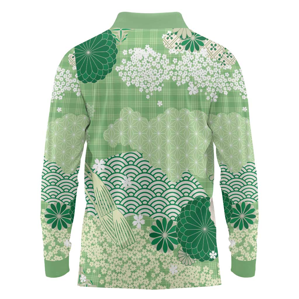 Green Palaka Japanese Patterns Long Sleeve Polo Shirt Asanoha Seigaiha Sakura Motif - Polynesian Pride