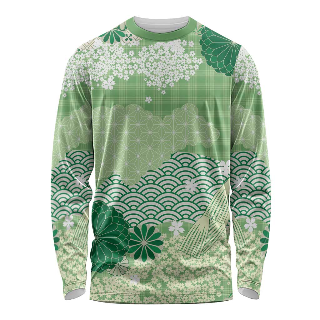Green Palaka Japanese Patterns Long Sleeve Shirt Asanoha Seigaiha Sakura Motif - Polynesian Pride