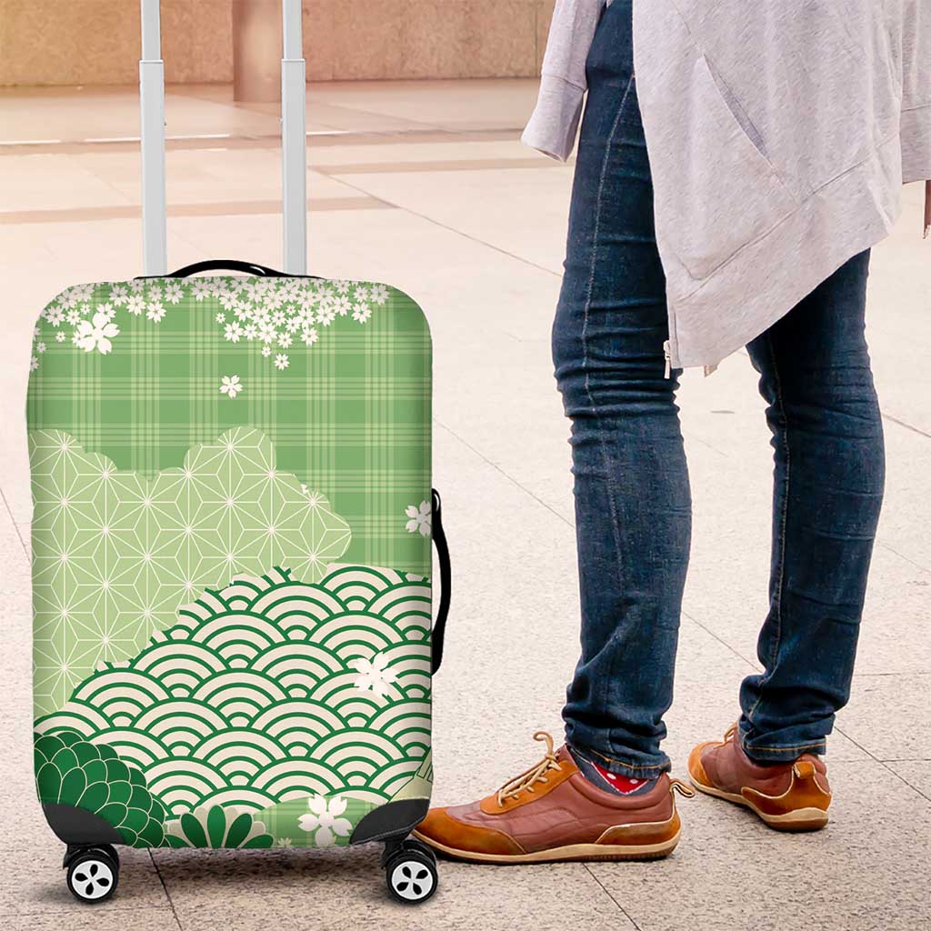 Green Palaka Japanese Patterns Luggage Cover Asanoha Seigaiha Sakura Motif LT14 Green - Polynesian Pride