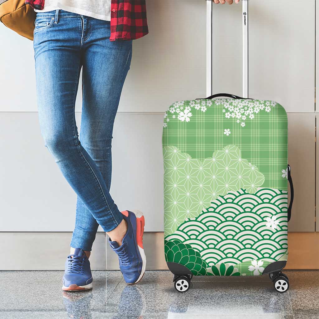 Green Palaka Japanese Patterns Luggage Cover Asanoha Seigaiha Sakura Motif LT14 - Polynesian Pride