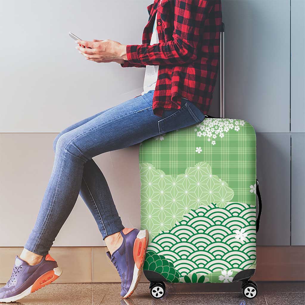 Green Palaka Japanese Patterns Luggage Cover Asanoha Seigaiha Sakura Motif LT14 - Polynesian Pride