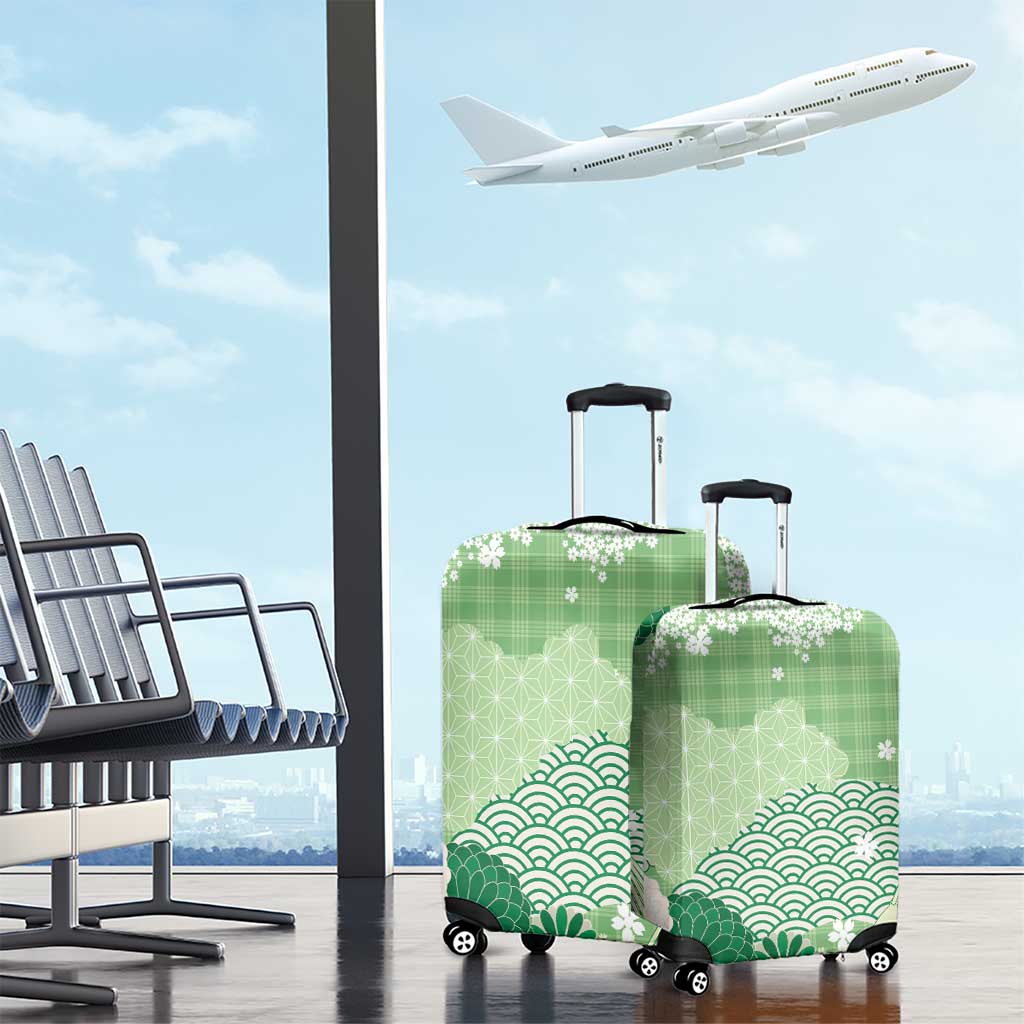 Green Palaka Japanese Patterns Luggage Cover Asanoha Seigaiha Sakura Motif LT14 - Polynesian Pride