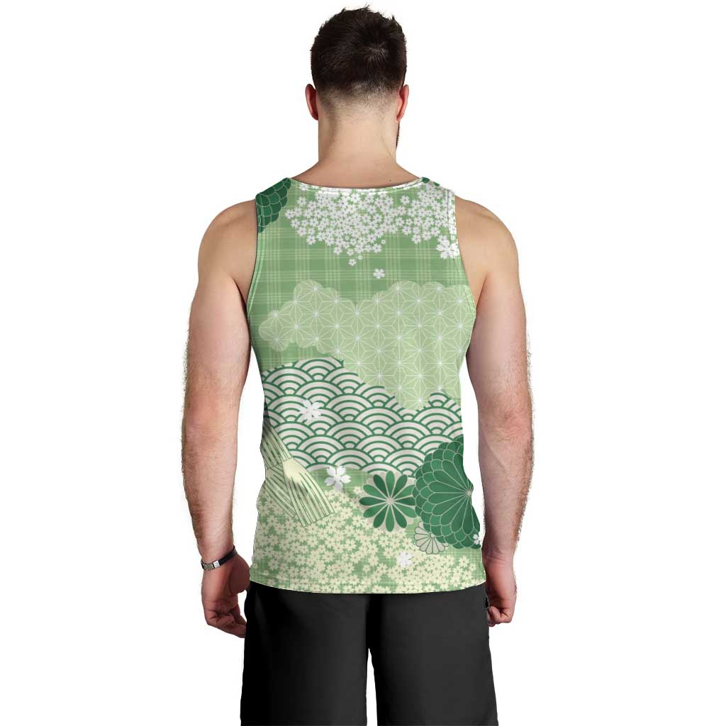 Green Palaka Japanese Patterns Men Tank Top Asanoha Seigaiha Sakura Motif - Polynesian Pride