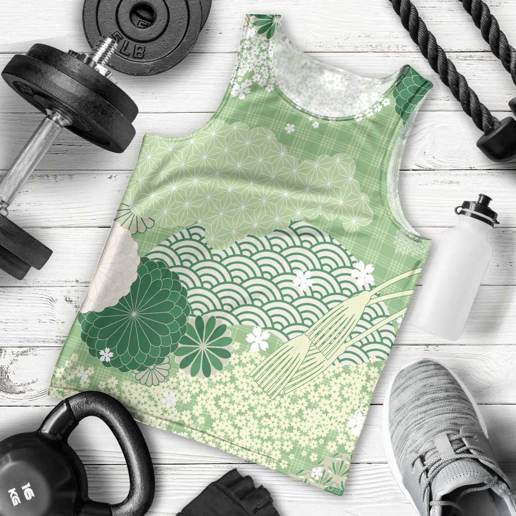 Green Palaka Japanese Patterns Men Tank Top Asanoha Seigaiha Sakura Motif - Polynesian Pride