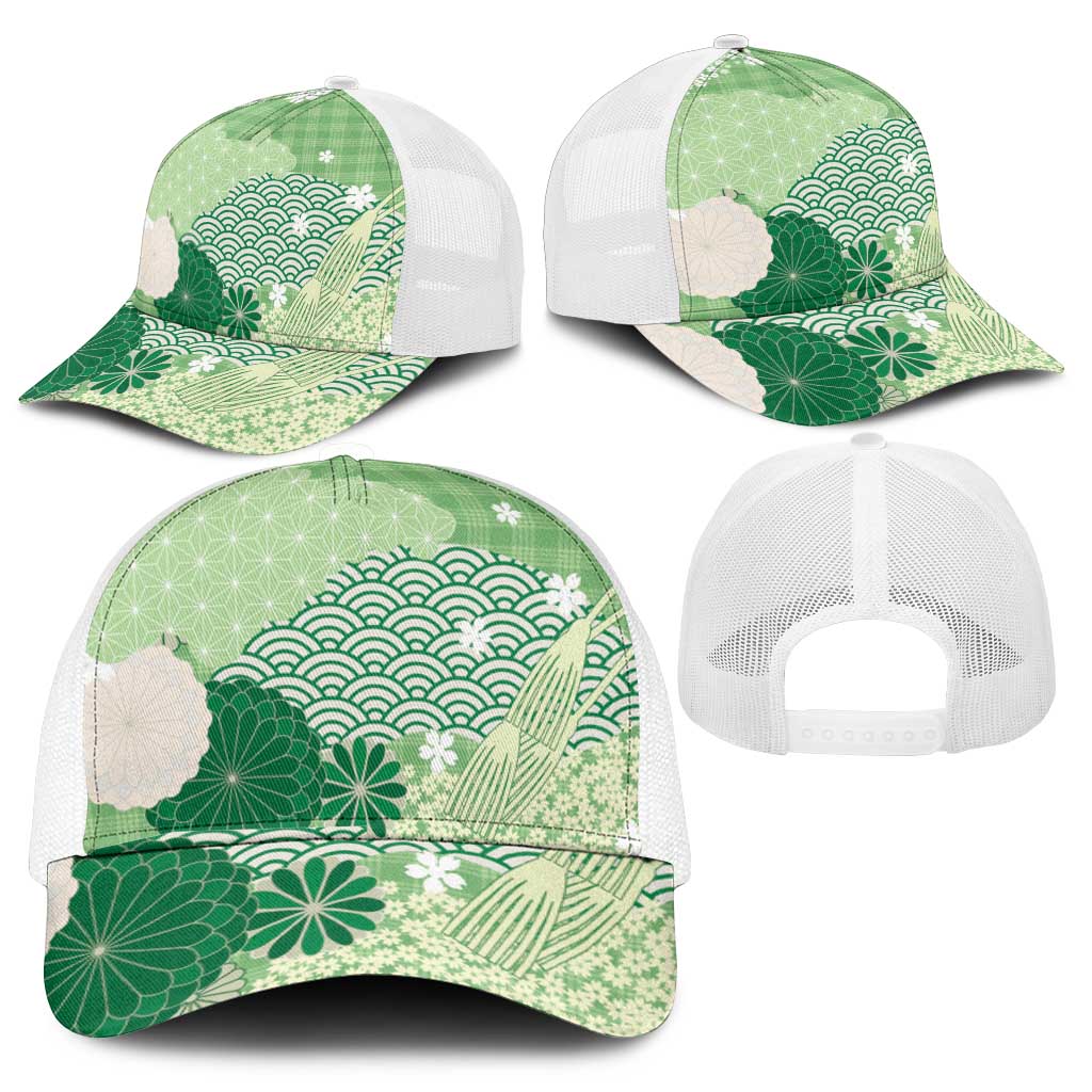 Green Japanese Traditional Motifs Mesh Trucker Cap Palaka With Asanoha Seigaiha Sakura - Polynesian Pride