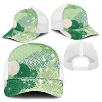 Green Japanese Traditional Motifs Mesh Trucker Cap Palaka With Asanoha Seigaiha Sakura - Polynesian Pride