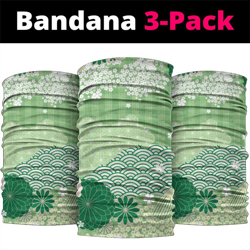 Green Palaka Japanese Patterns Neck Gaiter Asanoha Seigaiha Sakura Motif - Polynesian Pride