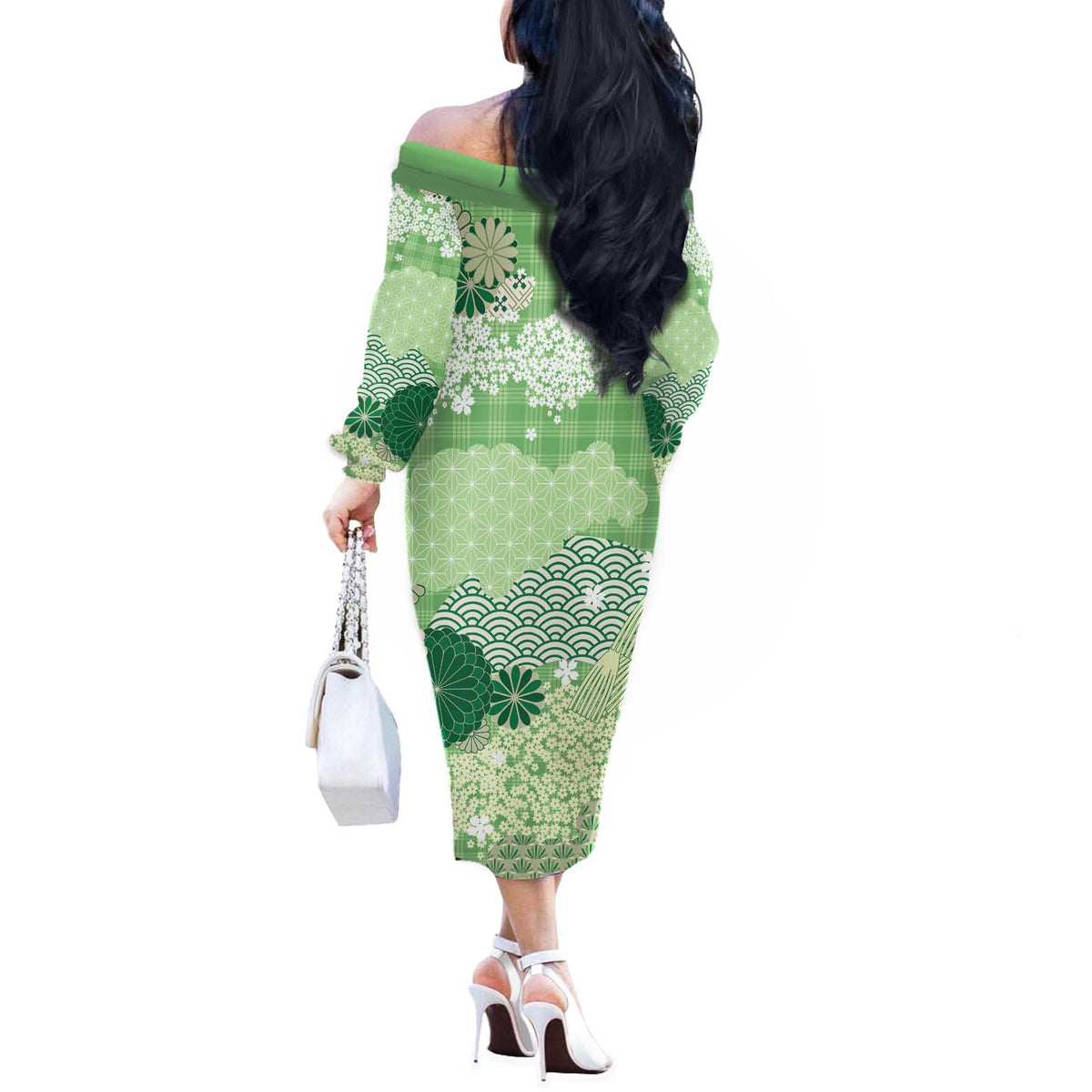 Green Palaka Japanese Patterns Off The Shoulder Long Sleeve Dress Asanoha Seigaiha Sakura Motif LT14 - Polynesian Pride