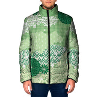 Green Palaka Japanese Patterns Padded Jacket Asanoha Seigaiha Sakura Motif - Polynesian Pride