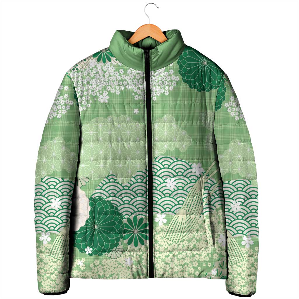 Green Palaka Japanese Patterns Padded Jacket Asanoha Seigaiha Sakura Motif - Polynesian Pride
