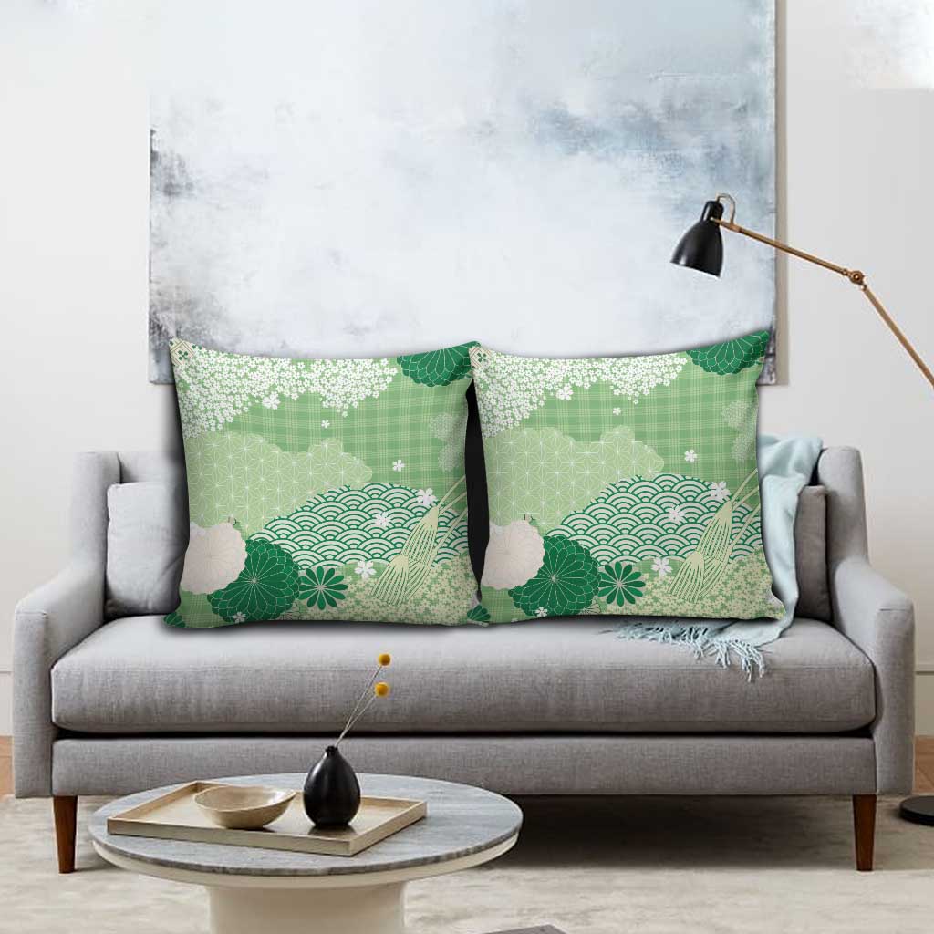 Green Palaka Japanese Patterns Pillow Cover Asanoha Seigaiha Sakura Motif LT14 - Polynesian Pride