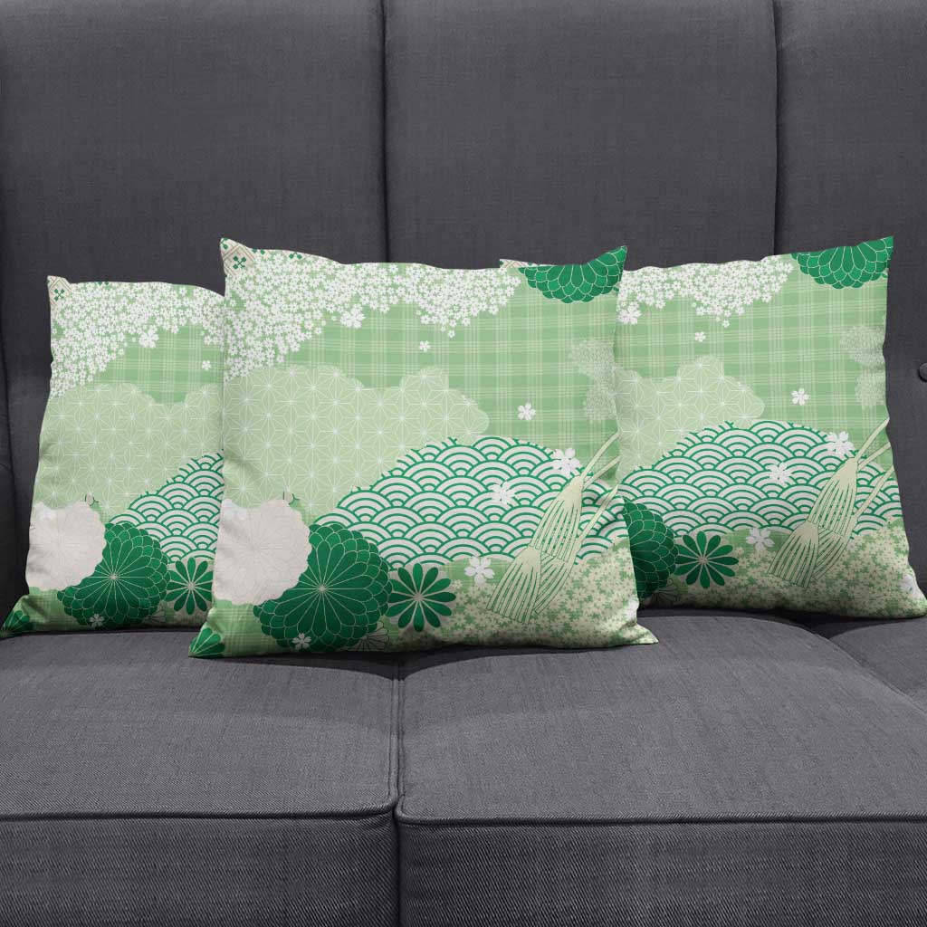 Green Palaka Japanese Patterns Pillow Cover Asanoha Seigaiha Sakura Motif LT14 - Polynesian Pride