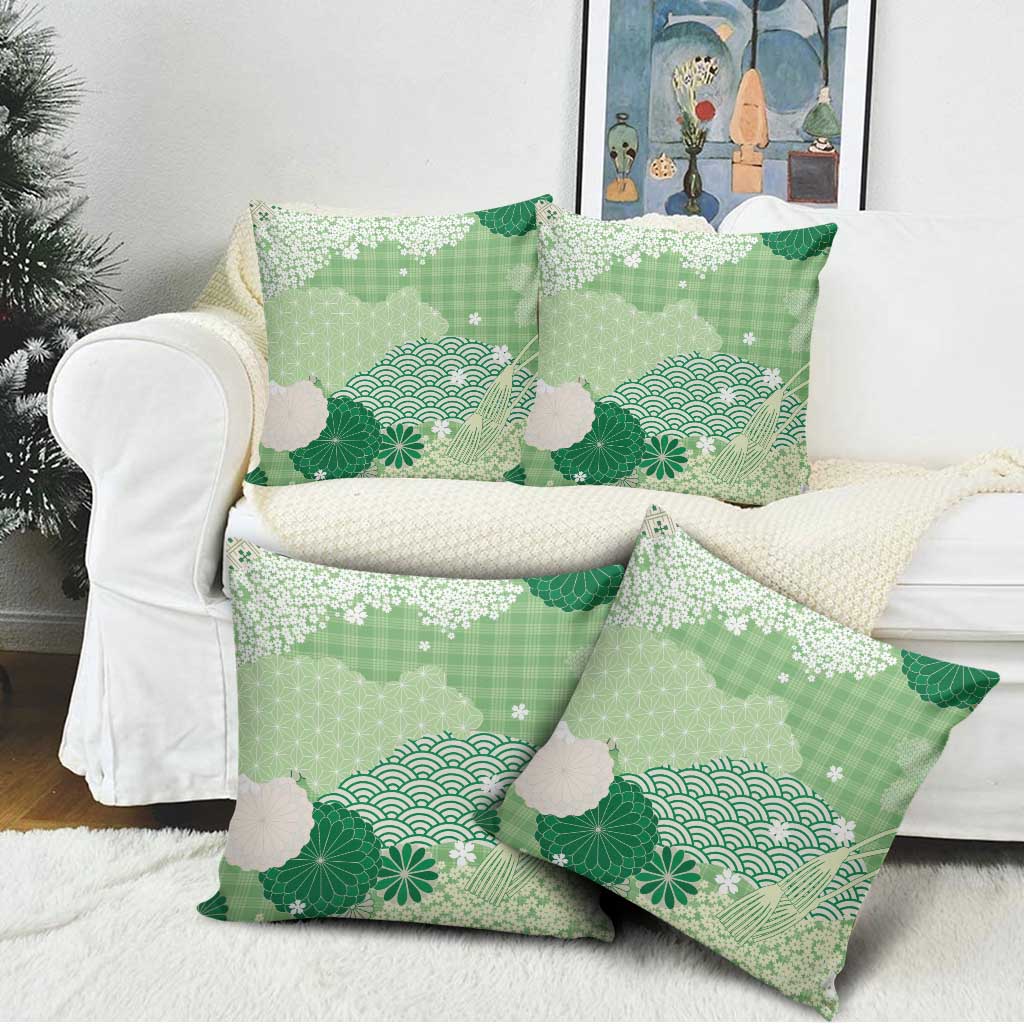 Green Palaka Japanese Patterns Pillow Cover Asanoha Seigaiha Sakura Motif LT14 - Polynesian Pride