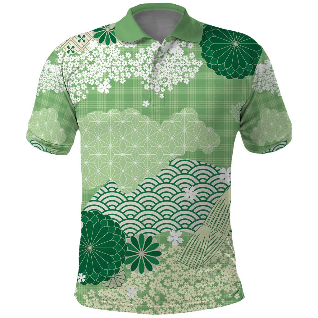 Green Palaka Japanese Patterns Polo Shirt Asanoha Seigaiha Sakura Motif - Polynesian Pride