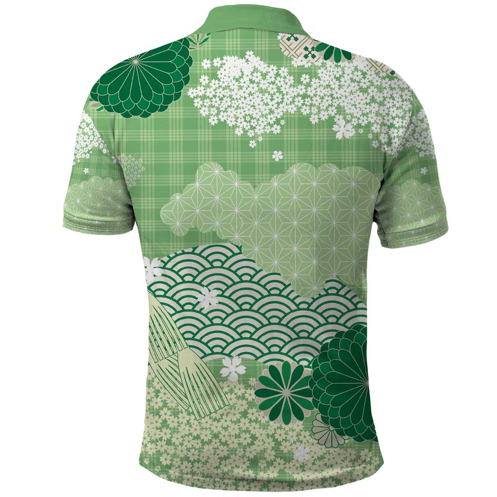 Green Palaka Japanese Patterns Polo Shirt Asanoha Seigaiha Sakura Motif - Polynesian Pride