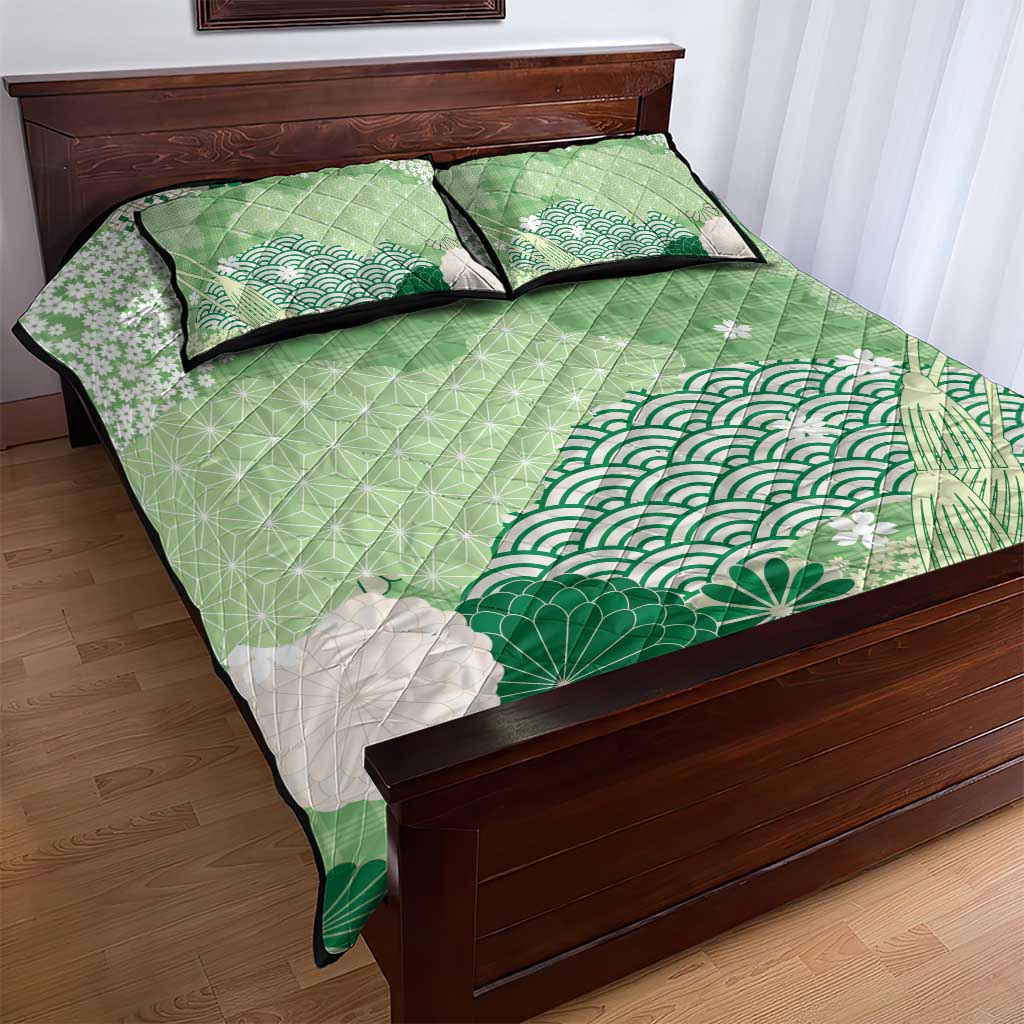 Green Palaka Japanese Patterns Quilt Bed Set Asanoha Seigaiha Sakura Motif - Polynesian Pride