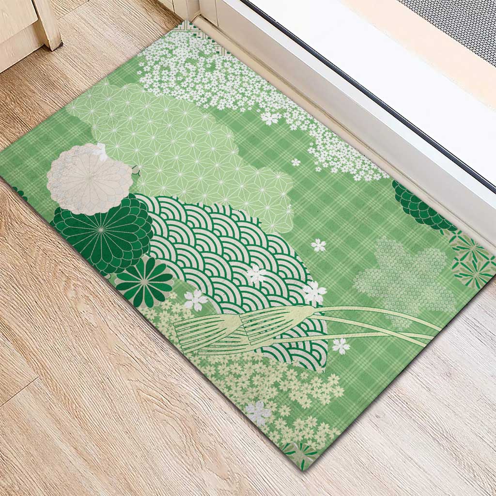 Green Palaka Japanese Patterns Rubber Doormat Asanoha Seigaiha Sakura Motif - Polynesian Pride