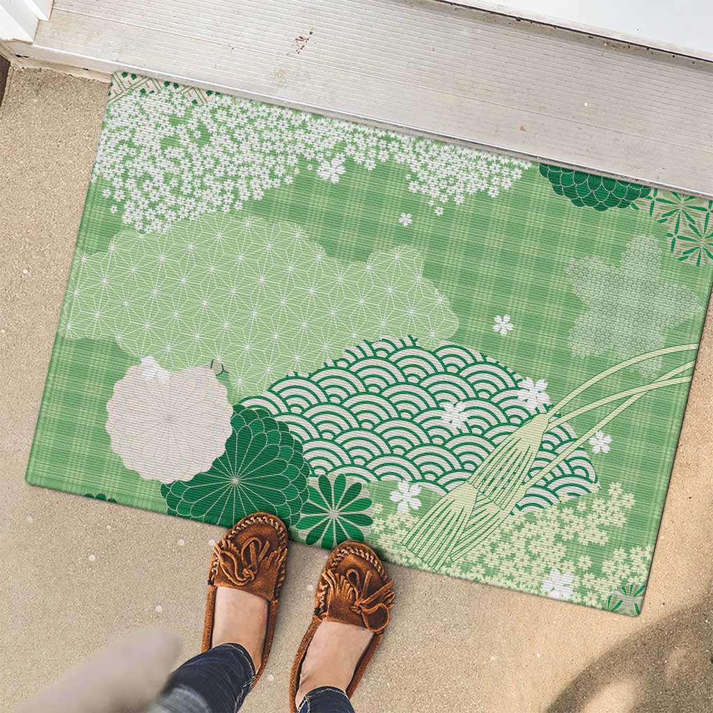 Green Palaka Japanese Patterns Rubber Doormat Asanoha Seigaiha Sakura Motif - Polynesian Pride