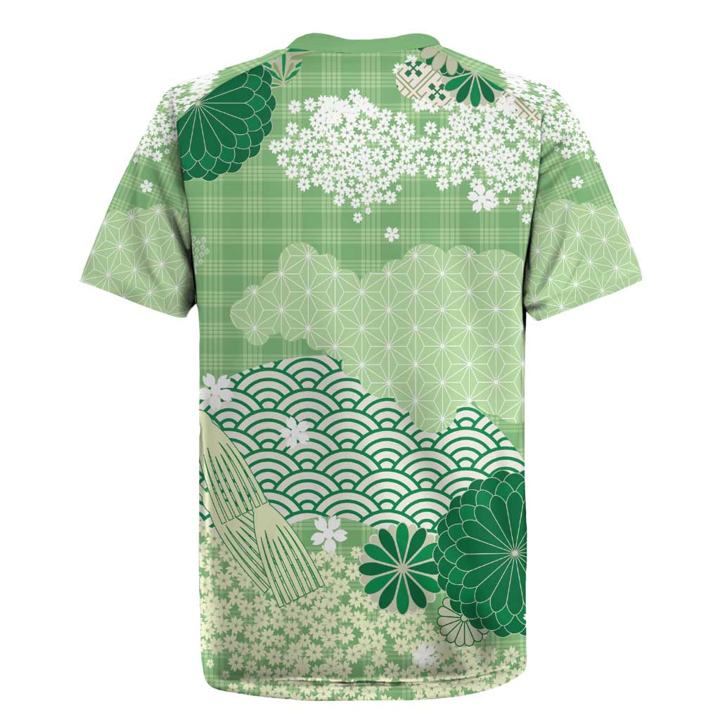 Green Palaka Japanese Patterns Rugby Jersey Asanoha Seigaiha Sakura Motif - Polynesian Pride