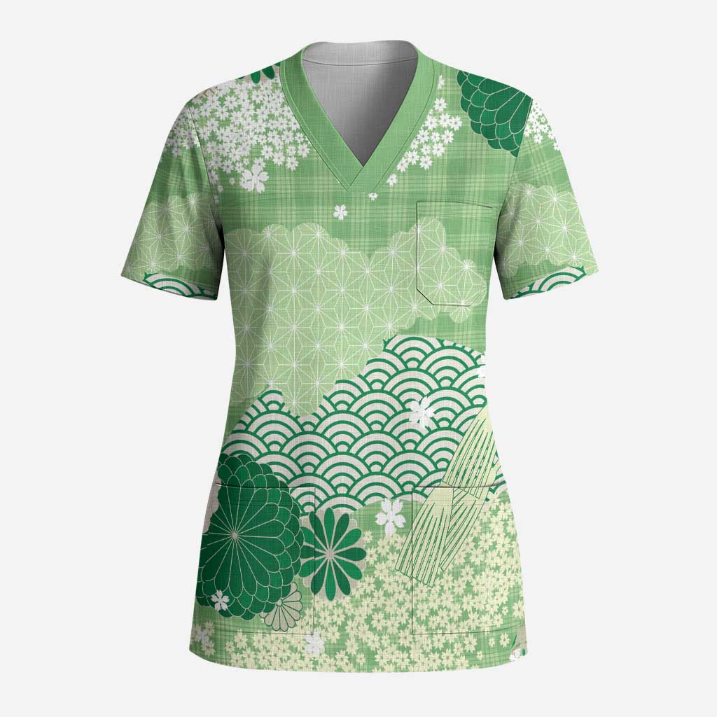 Green Palaka Japanese Patterns Scrub Top Asanoha Seigaiha Sakura Motif LT14 Adult Green - Polynesian Pride