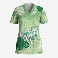 Green Palaka Japanese Patterns Scrub Top Asanoha Seigaiha Sakura Motif LT14 Adult Green - Polynesian Pride