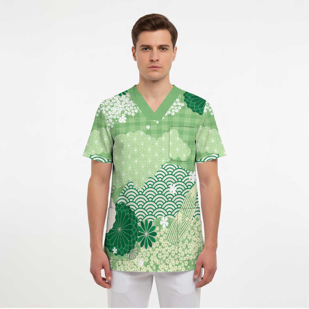 Green Palaka Japanese Patterns Scrub Top Asanoha Seigaiha Sakura Motif LT14 - Polynesian Pride