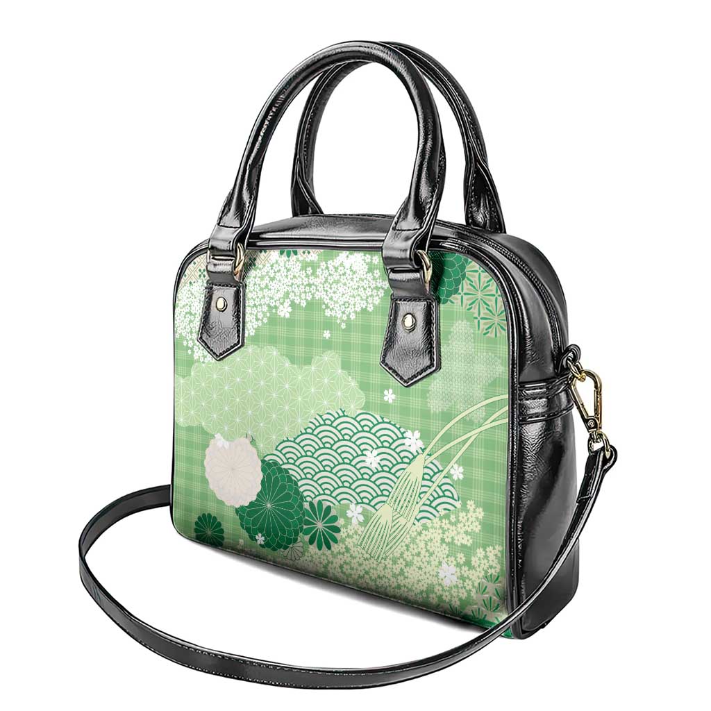 Green Palaka Japanese Patterns Shoulder Handbag Asanoha Seigaiha Sakura Motif LT14 - Polynesian Pride