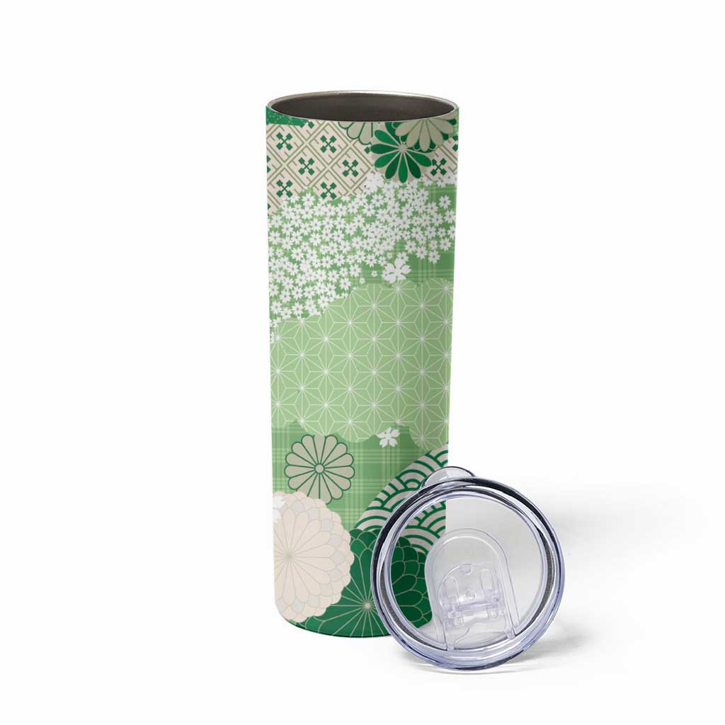 Green Palaka Japanese Patterns Skinny Tumbler Asanoha Seigaiha Sakura Motif - Polynesian Pride