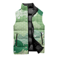 Green Palaka Japanese Patterns Sleeveless Puffer Jacket Asanoha Seigaiha Sakura Motif - Polynesian Pride