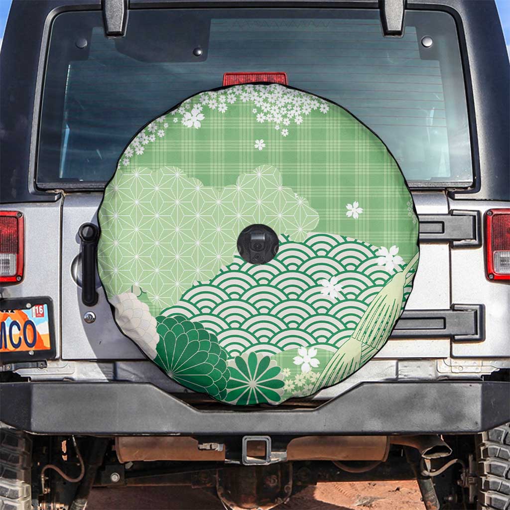Green Palaka Japanese Patterns Spare Tire Cover Asanoha Seigaiha Sakura Motif LT14 Green - Polynesian Pride