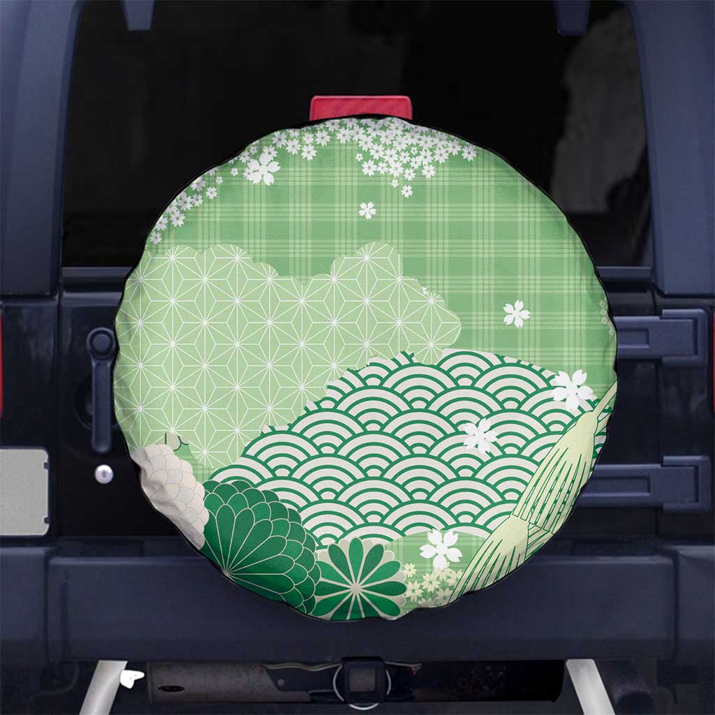 Green Palaka Japanese Patterns Spare Tire Cover Asanoha Seigaiha Sakura Motif LT14 No hole Green - Polynesian Pride