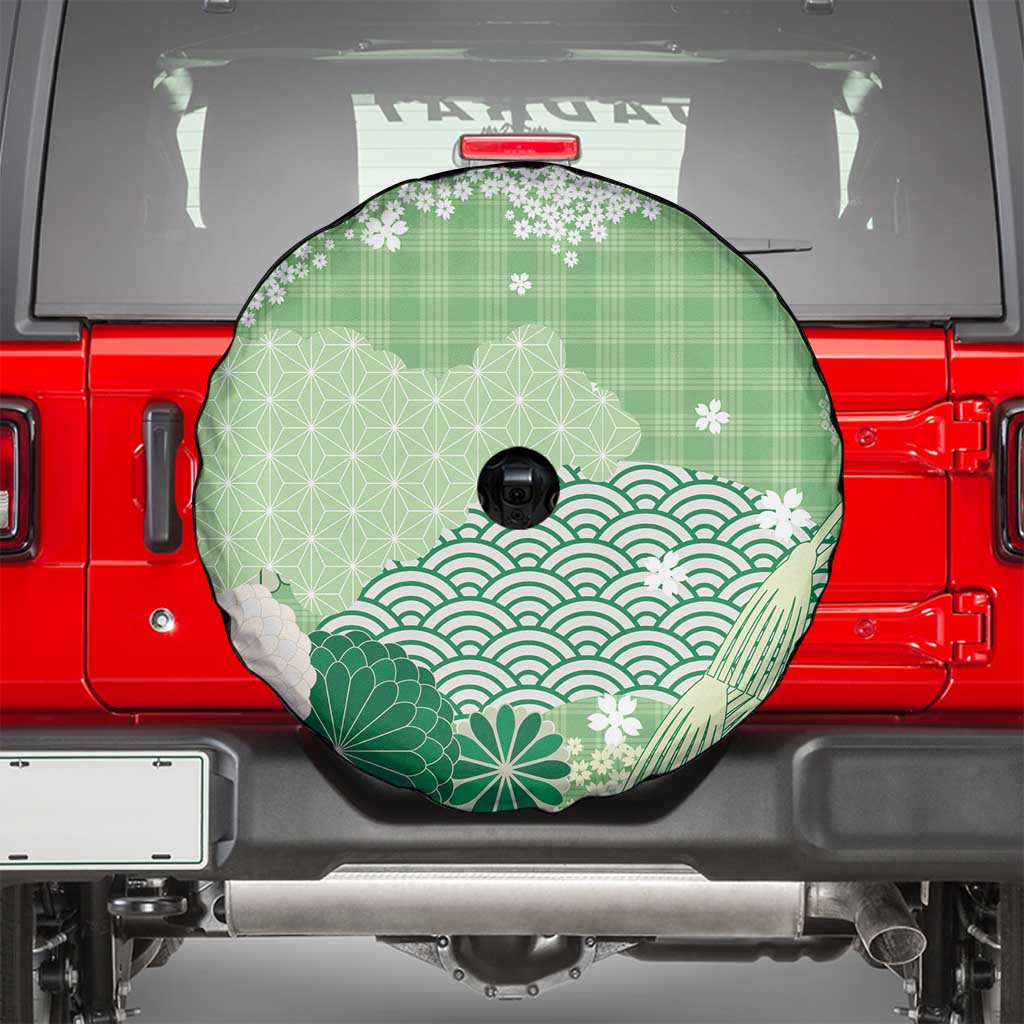 Green Palaka Japanese Patterns Spare Tire Cover Asanoha Seigaiha Sakura Motif LT14 - Polynesian Pride