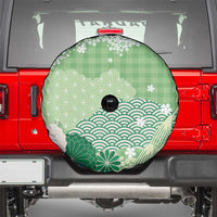 Green Palaka Japanese Patterns Spare Tire Cover Asanoha Seigaiha Sakura Motif LT14 - Polynesian Pride