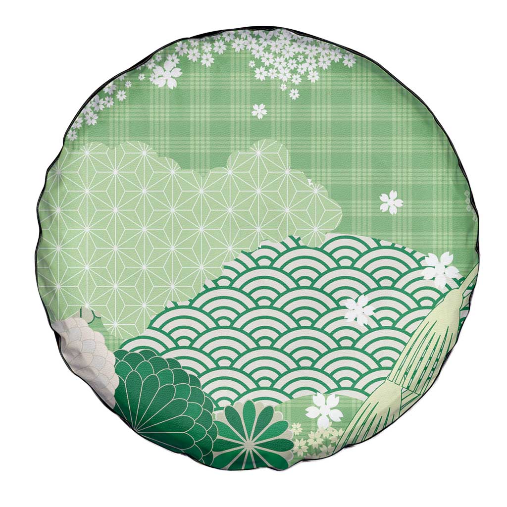 Green Palaka Japanese Patterns Spare Tire Cover Asanoha Seigaiha Sakura Motif LT14 - Polynesian Pride