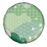 Green Palaka Japanese Patterns Spare Tire Cover Asanoha Seigaiha Sakura Motif LT14 - Polynesian Pride