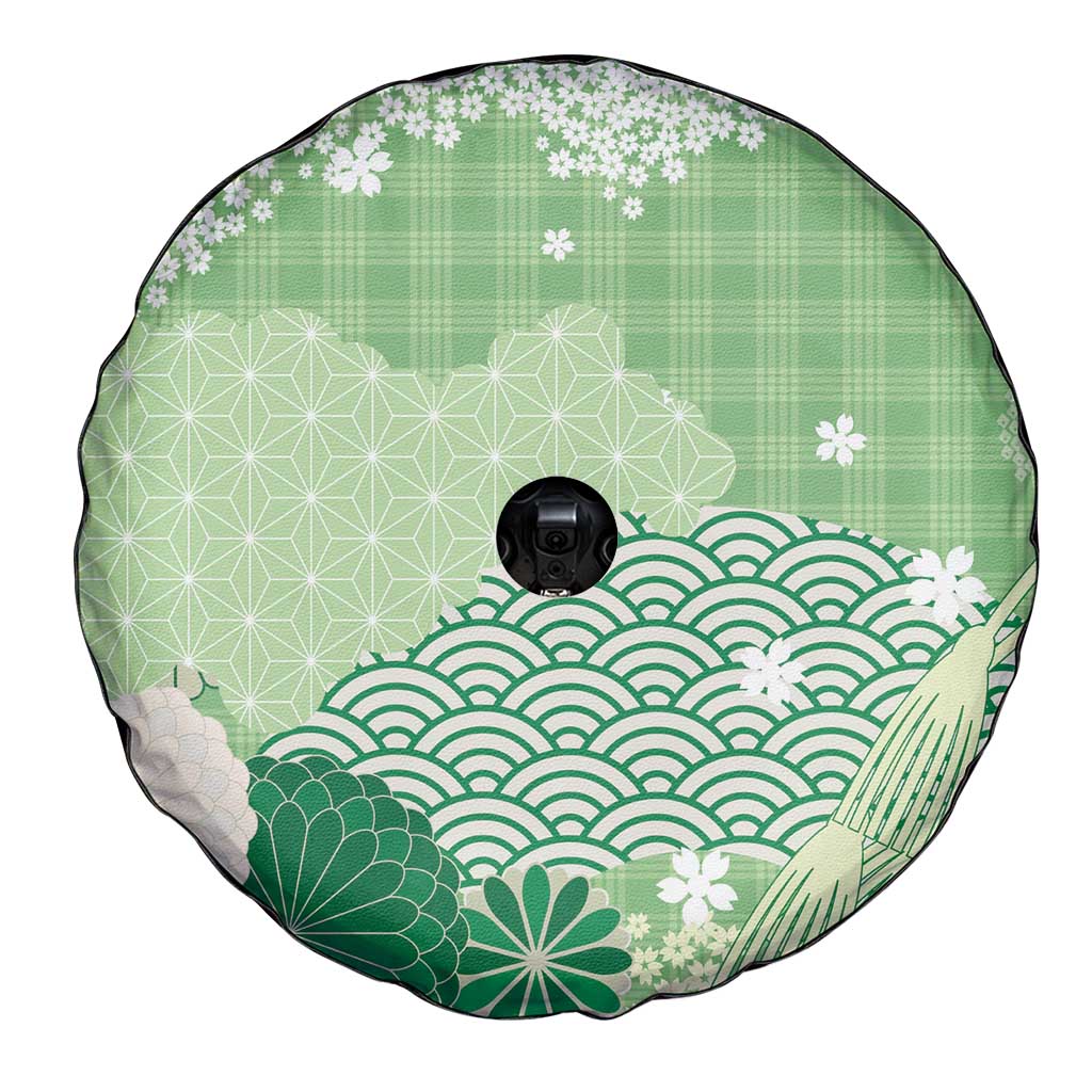 Green Palaka Japanese Patterns Spare Tire Cover Asanoha Seigaiha Sakura Motif LT14 - Polynesian Pride