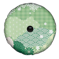 Green Palaka Japanese Patterns Spare Tire Cover Asanoha Seigaiha Sakura Motif LT14 - Polynesian Pride