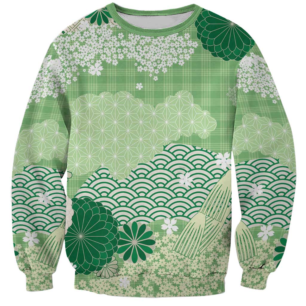 Green Palaka Japanese Patterns Sweatshirt Asanoha Seigaiha Sakura Motif - Polynesian Pride