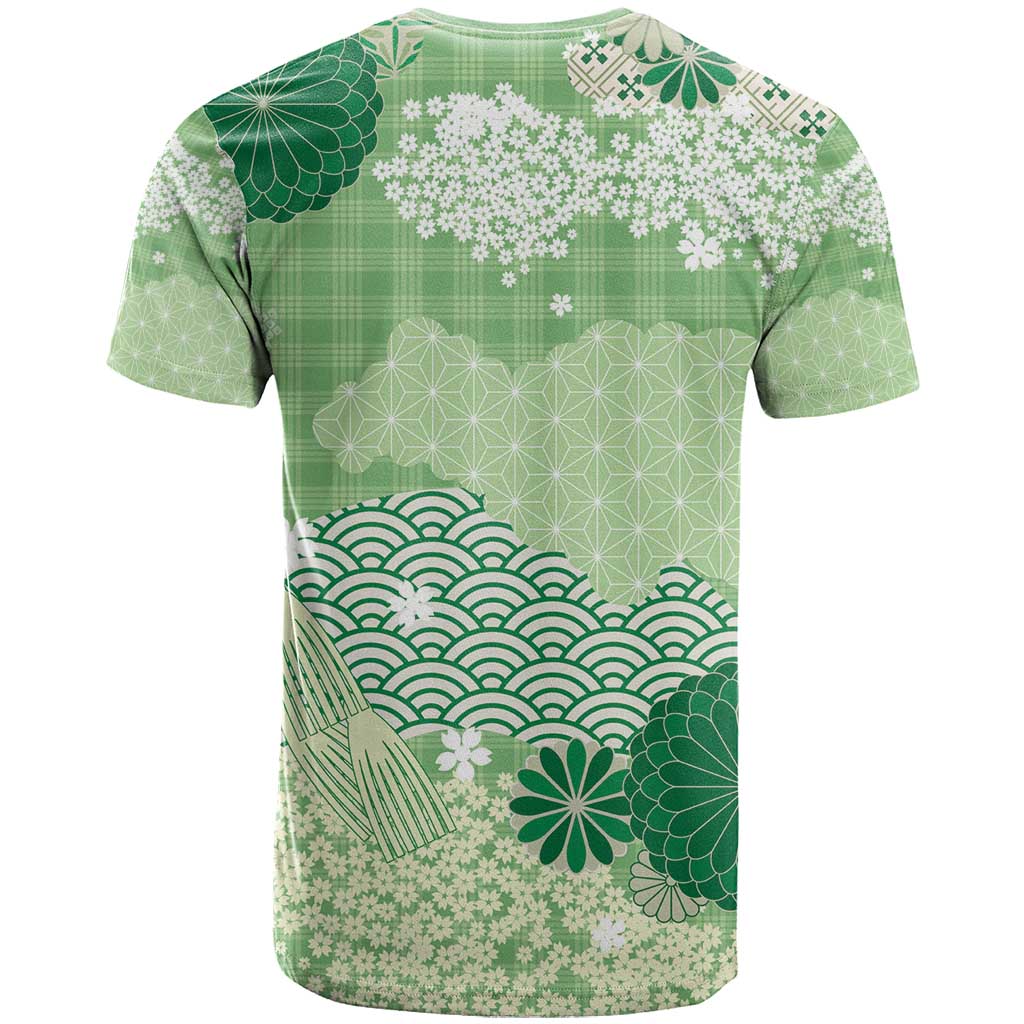 Green Palaka Japanese Patterns T Shirt Asanoha Seigaiha Sakura Motif - Polynesian Pride