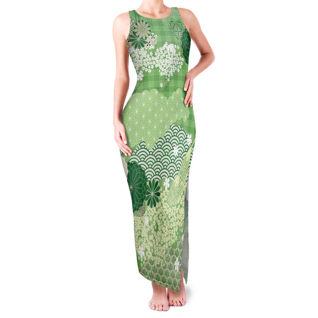 Green Palaka Japanese Patterns Tank Maxi Dress Asanoha Seigaiha Sakura Motif LT14 Women Green - Polynesian Pride
