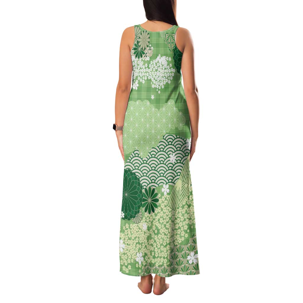 Green Palaka Japanese Patterns Tank Maxi Dress Asanoha Seigaiha Sakura Motif LT14 - Polynesian Pride