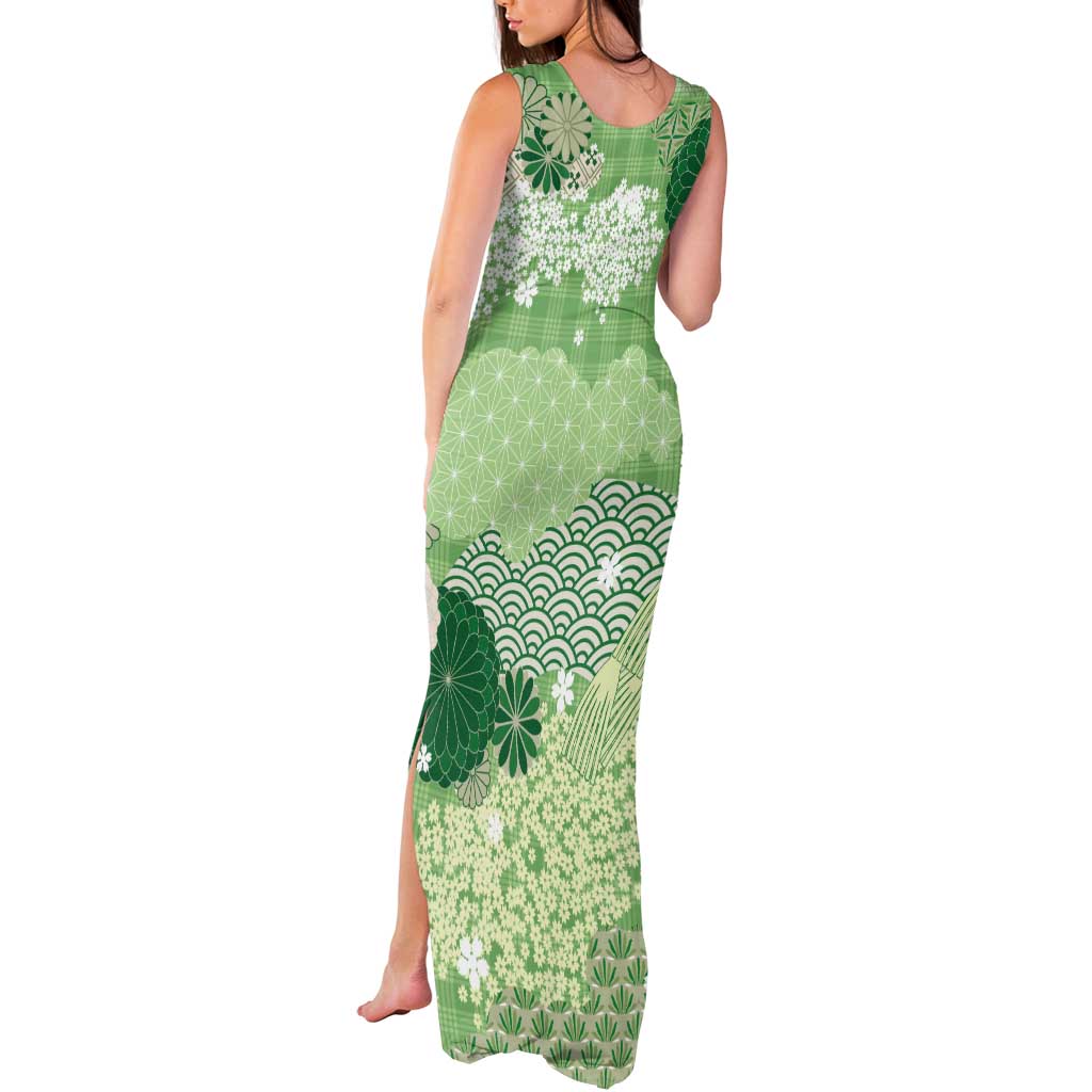 Green Palaka Japanese Patterns Tank Maxi Dress Asanoha Seigaiha Sakura Motif LT14 - Polynesian Pride
