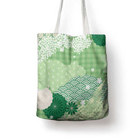 Green Palaka Japanese Patterns Tote Bag Asanoha Seigaiha Sakura Motif - Polynesian Pride
