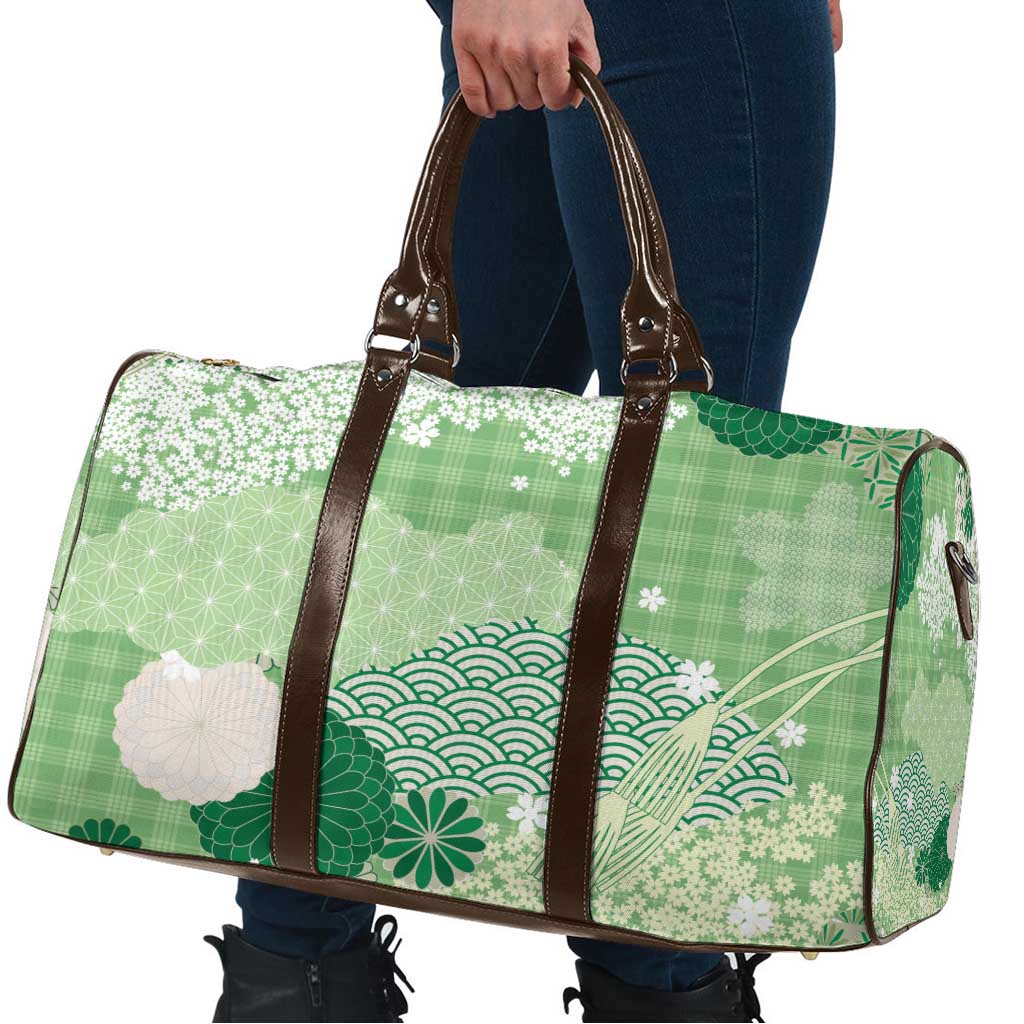 Green Palaka Japanese Patterns Travel Bag Asanoha Seigaiha Sakura Motif - Polynesian Pride