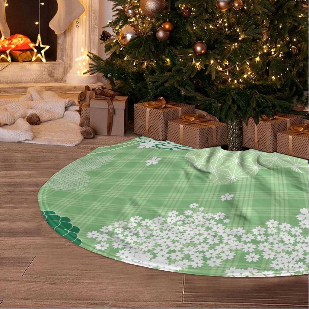 Green Palaka Japanese Patterns Tree Skirt Asanoha Seigaiha Sakura Motif - Polynesian Pride