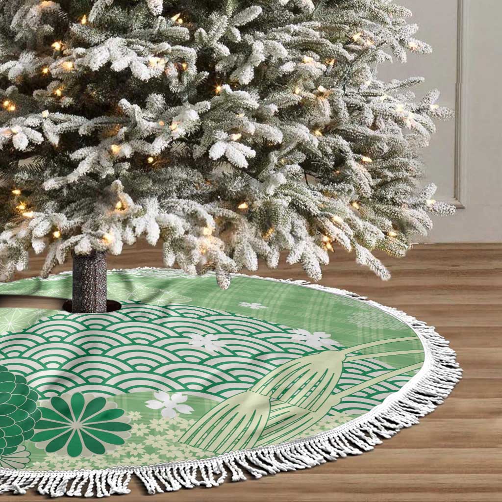 Green Palaka Japanese Patterns Tree Skirt Asanoha Seigaiha Sakura Motif - Polynesian Pride