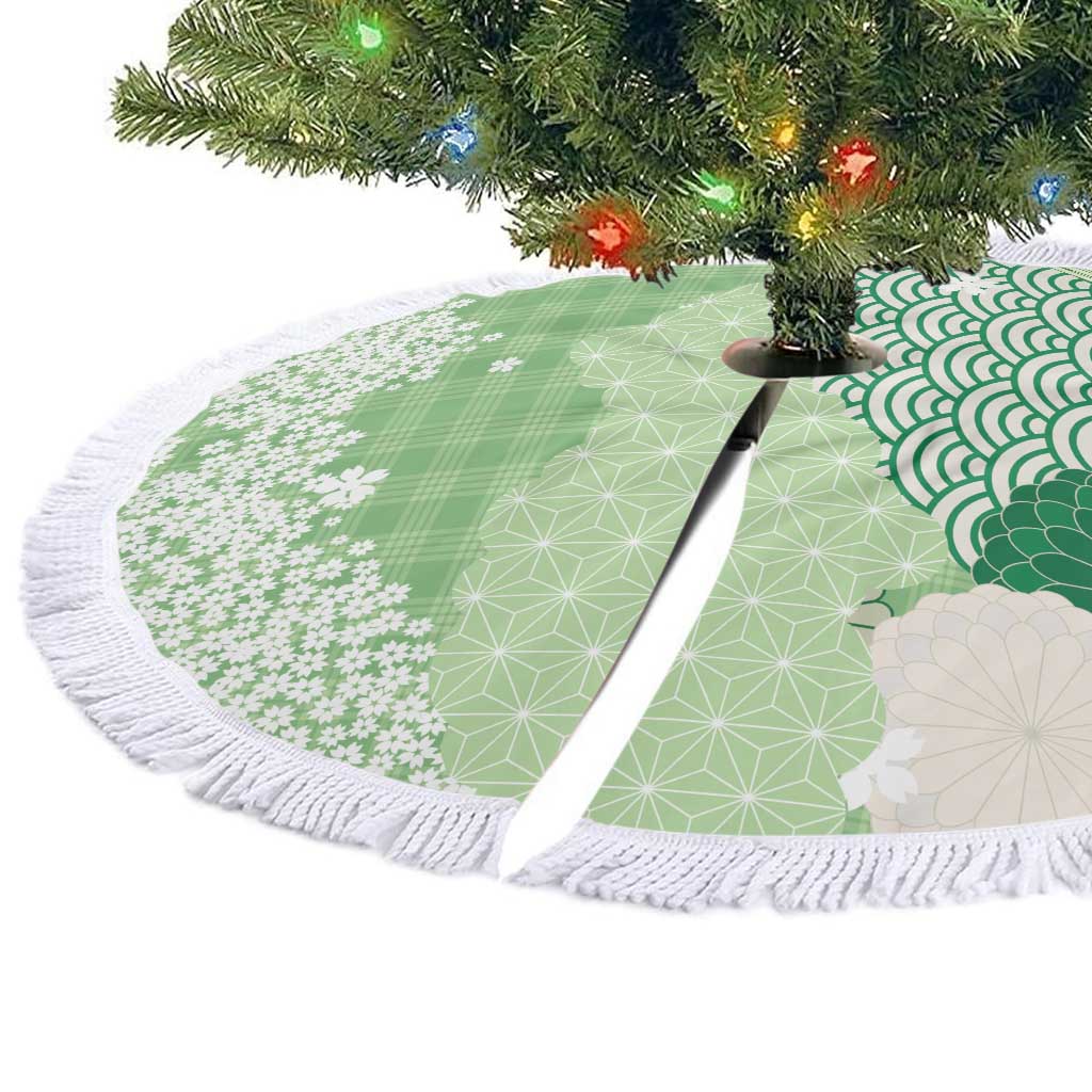 Green Palaka Japanese Patterns Tree Skirt Asanoha Seigaiha Sakura Motif - Polynesian Pride