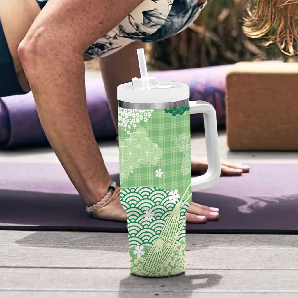 Green Palaka Japanese Patterns Tumbler With Handle Asanoha Seigaiha Sakura Motif - Polynesian Pride