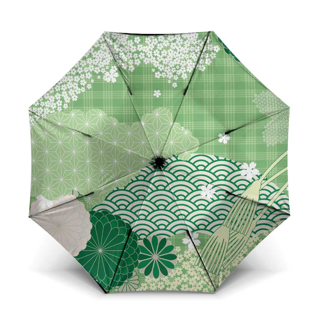 Green Palaka Japanese Patterns Umbrella Asanoha Seigaiha Sakura Motif - Polynesian Pride
